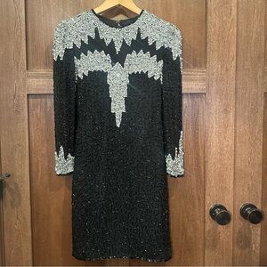 Vintage Scala Elegant Black and Silver Long Sleeve Silk Dress